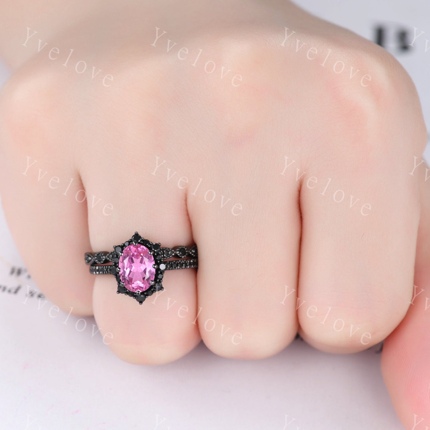 Gothic Oval Cut Pink Sapphire Engagement Ring Set,Black Gold Black Diamond Promise Ring Set Unique Rhodium Black Witchy Ring Bridal Set Gift
