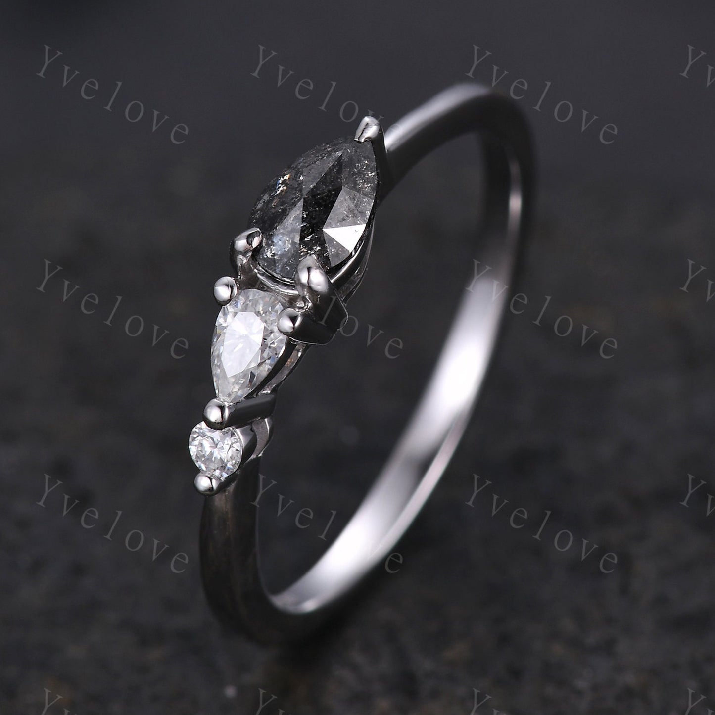 Vintage Salt and Pepper Diamond Engagement Ring,Pear Cut Gems,Art Deco Diamond Wedding Band,3 Stone Unique Women Bridal Promise Ring Gift