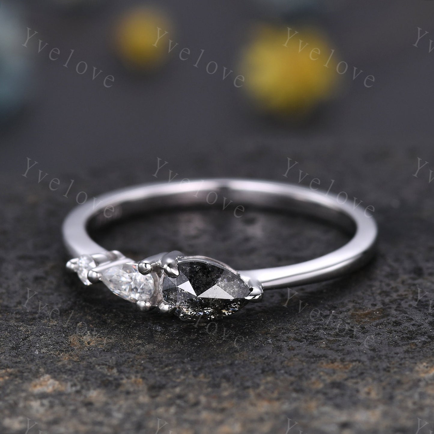Vintage Salt and Pepper Diamond Engagement Ring,Pear Cut Gems,Art Deco Diamondl Wedding Band,3 Stone Unique Women Bridal Promise Ring Gift