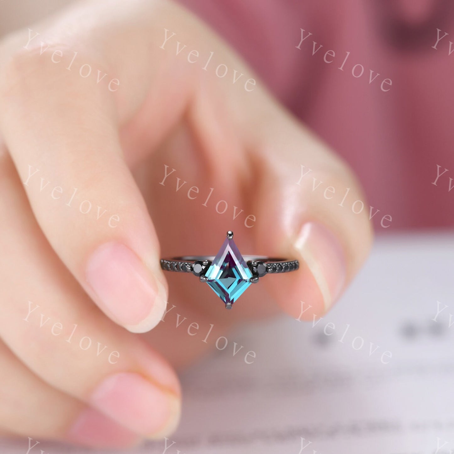 Retro Kite Cut Alexandrite Engagement Ring,Vintage Black Silver Ring Set,Unique Black Spinel Diamond Promise Ring Bridal Anniversary Gift