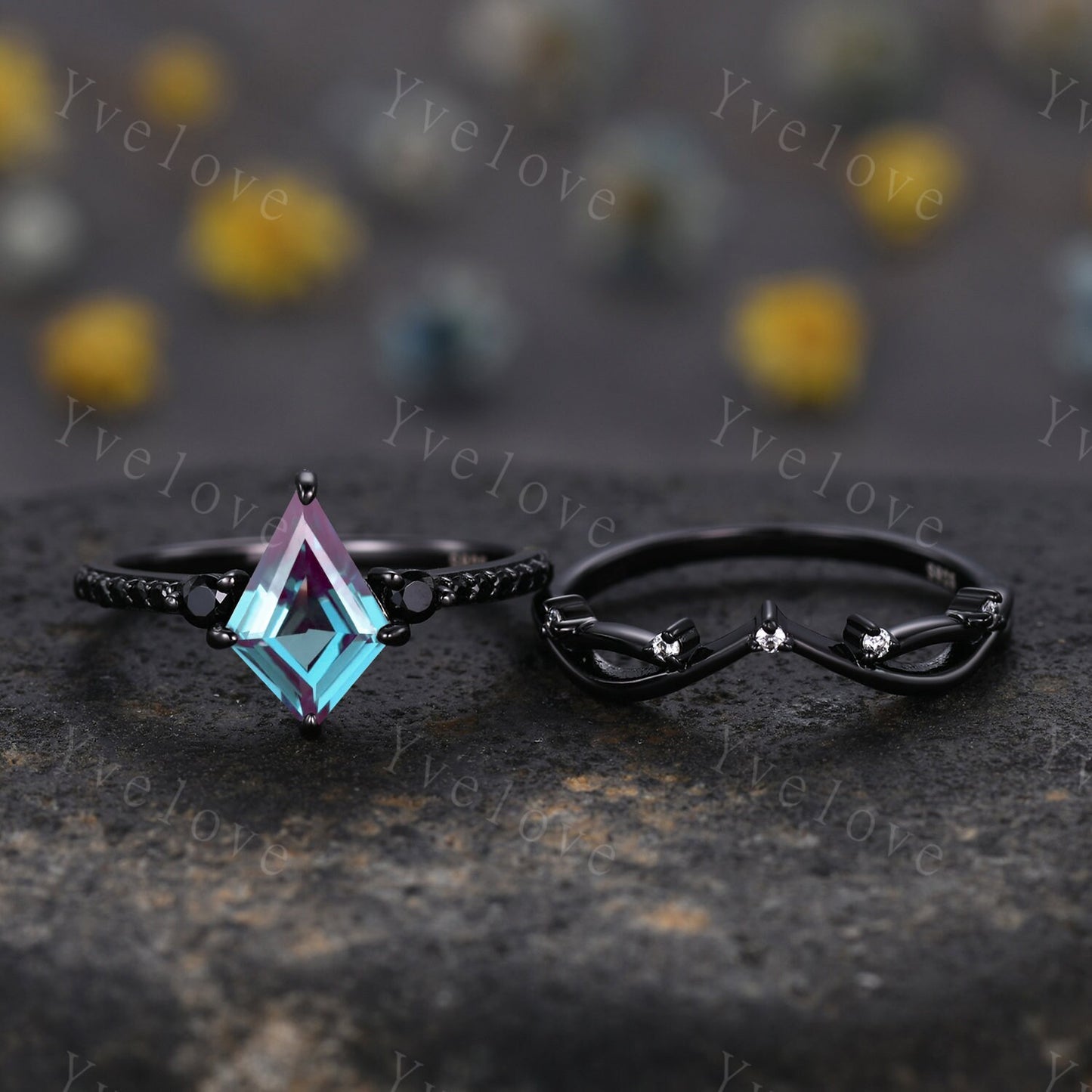 Retro Kite Cut Alexandrite Engagement Ring,Vintage Black Silver Ring Set,Unique Black Spinel Diamond Promise Ring Bridal Anniversary Gift