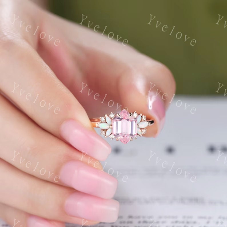 Vintage Hexagon Pink Sapphire Opal engagement ring,Unique Marquise Opal Ring,Cluster Ring,Rose Gold,Women Bridal Wedding Band,Statement Ring