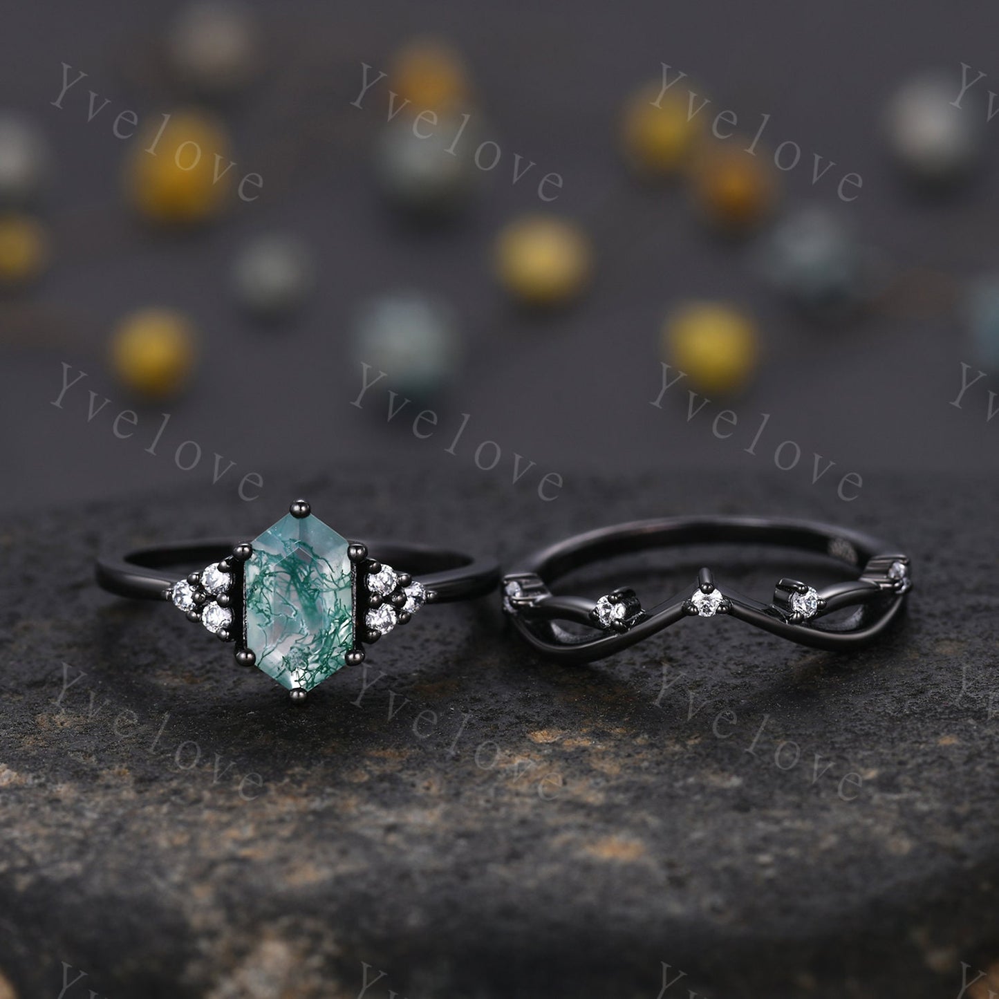 Retro Long hexagon Moss Agate Ring,Vintage Black Silver Ring Set,Unique Agate Engagement Ring,Promise Ring,Anniversary Ring Gift For Her