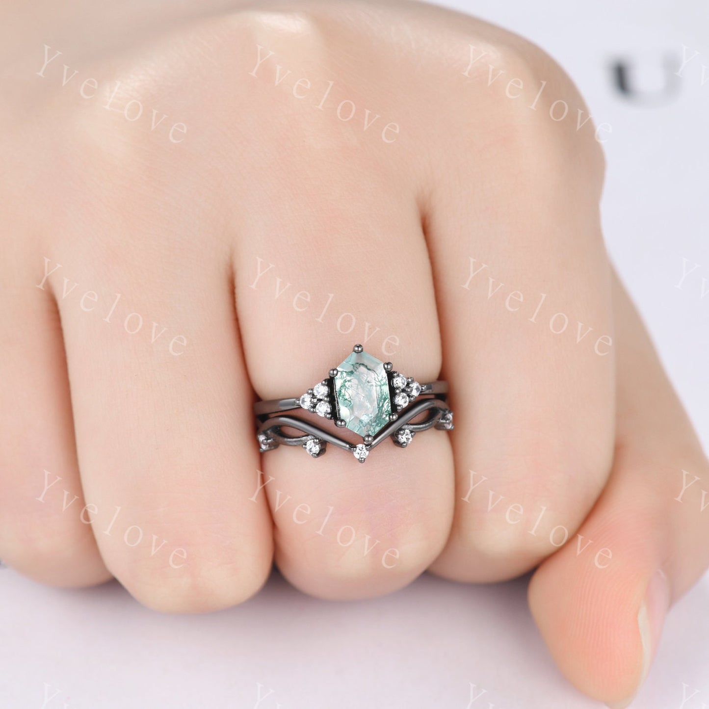 Retro Long hexagon Moss Agate Ring,Vintage Black Silver Ring Set,Unique Agate Engagement Ring,Promise Ring,Anniversary Ring Gift For Her