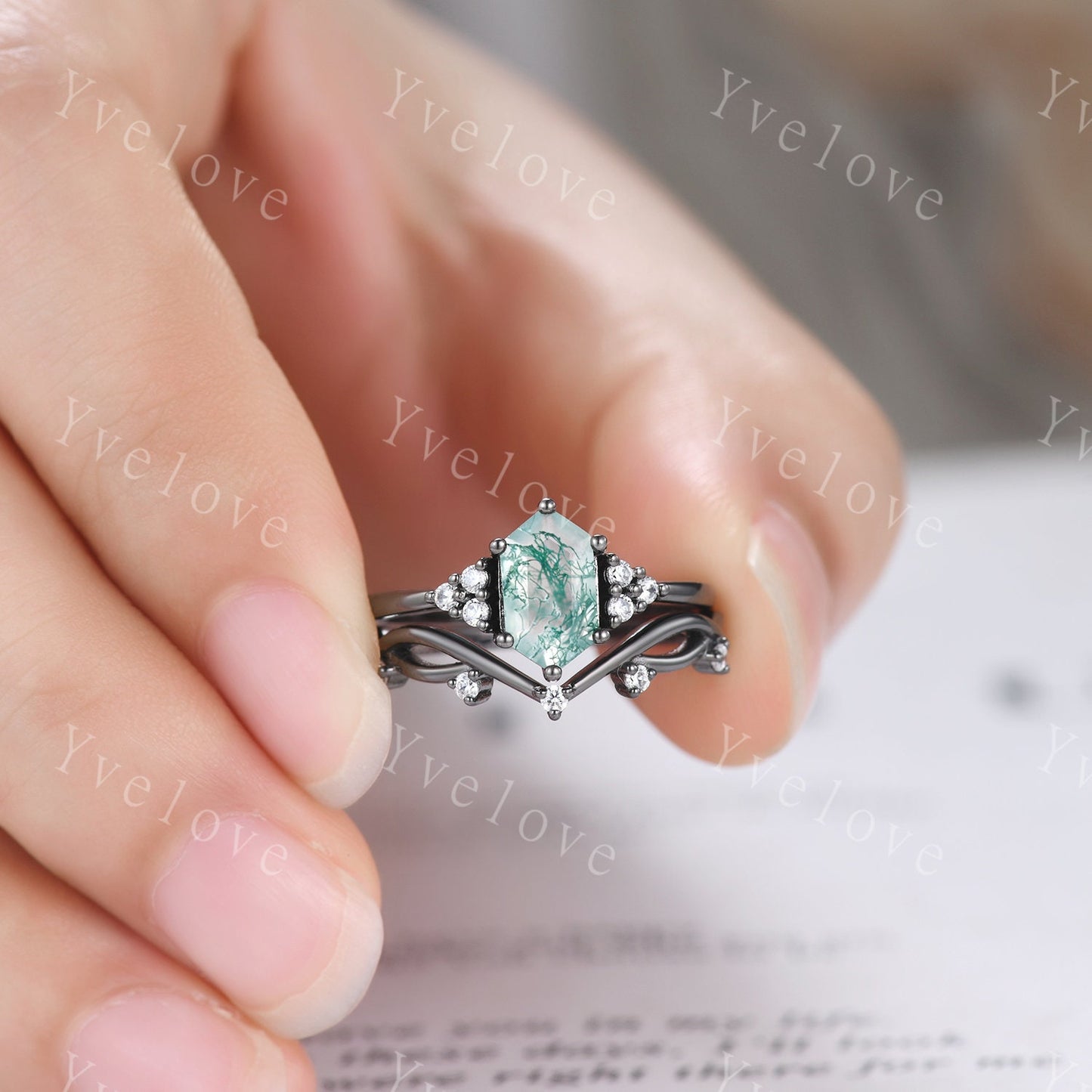 Retro Long hexagon Moss Agate Ring,Vintage Black Silver Ring Set,Unique Agate Engagement Ring,Promise Ring,Anniversary Ring Gift For Her