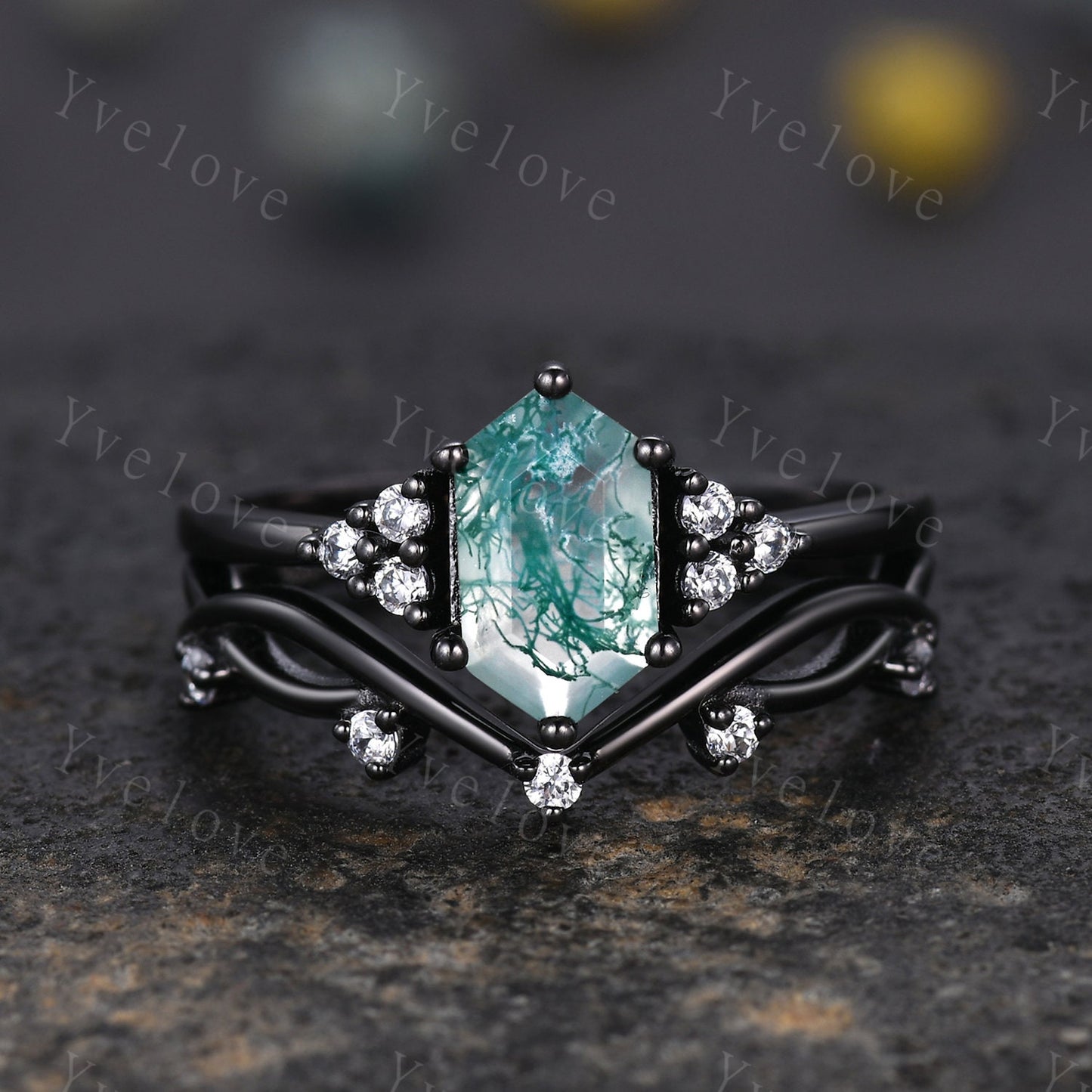 Retro Long hexagon Moss Agate Ring,Vintage Black Silver Ring Set,Unique Agate Engagement Ring,Promise Ring,Anniversary Ring Gift For Her