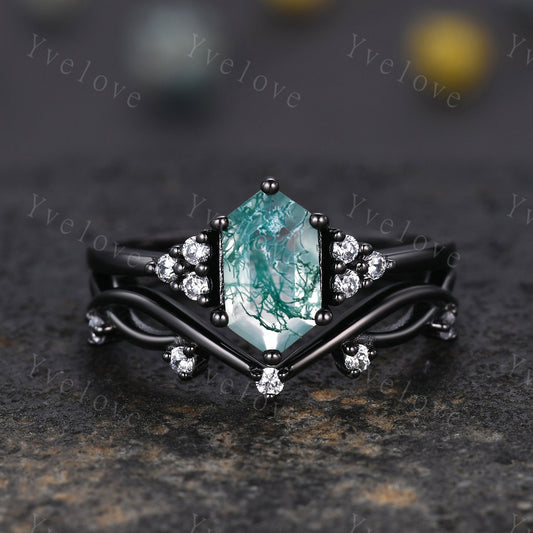 Retro Long hexagon Moss Agate Ring,Vintage Black Silver Ring Set,Unique Agate Engagement Ring,Promise Ring,Anniversary Ring Gift For Her