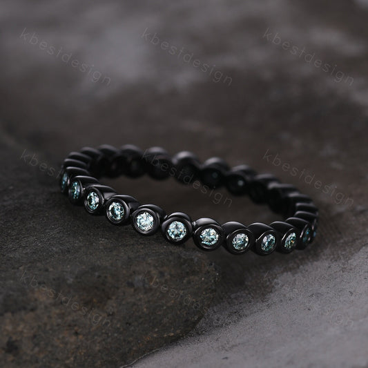 Eternity Green Moissanite Wedding Band Black Gold 2mm Moissanite Stacking Band Unique Women Matching Band Promise Anniversary Ring Bezel set