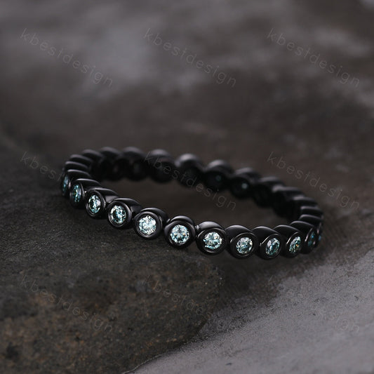 Eternity Green Moissanite Wedding Band Black Gold 2mm Moissanite Stacking Band Unique Women Matching Band Promise Anniversary Ring Bezel set
