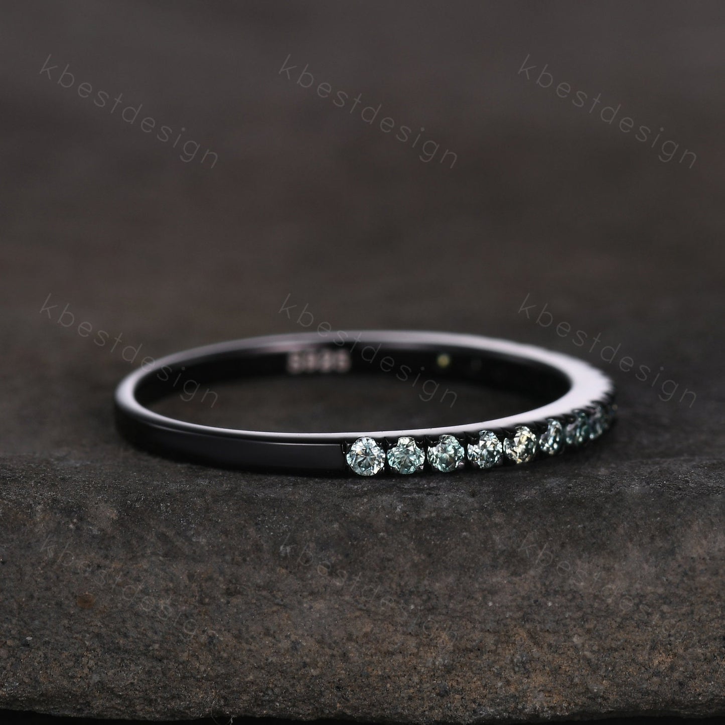 Black gold green moissanite wedding band 1.5mm half eternity stacking matching band unique dainty wedding band for women anniversary ring