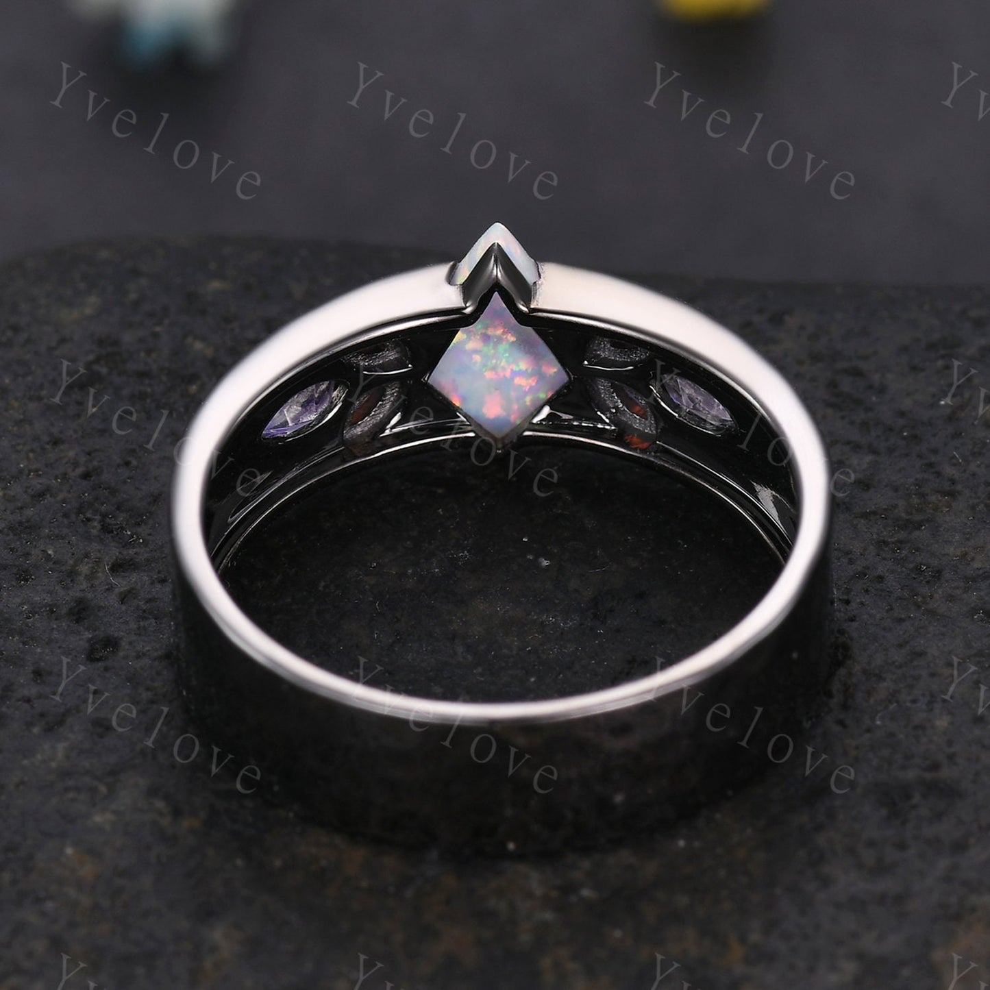 Couple Ring Mens Kite Cut White Opal Engagement Ring Marquise opal amethyst Wedding Band Black Band Mans Stacking Ring His Wedding band