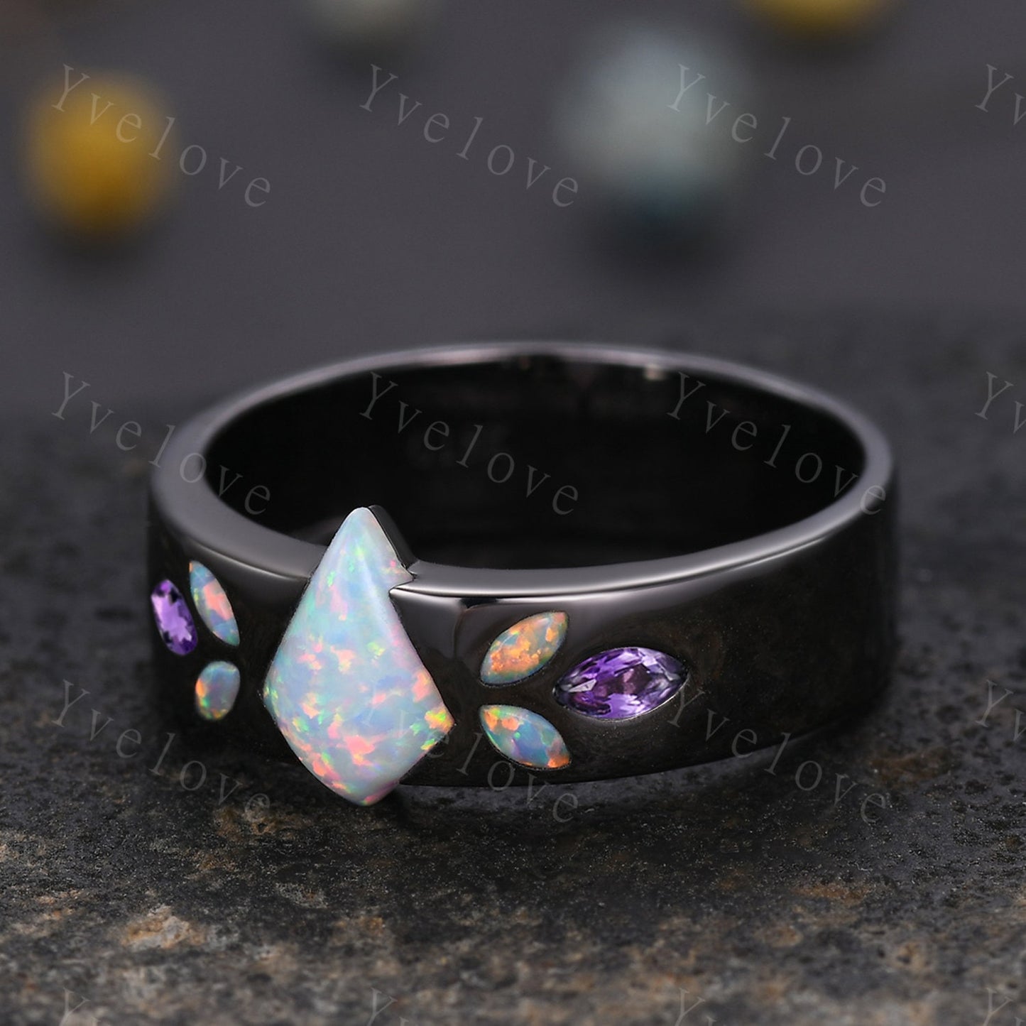 Couple Ring Mens Kite Cut White Opal Engagement Ring Marquise opal amethyst Wedding Band Black Band Mans Stacking Ring His Wedding band
