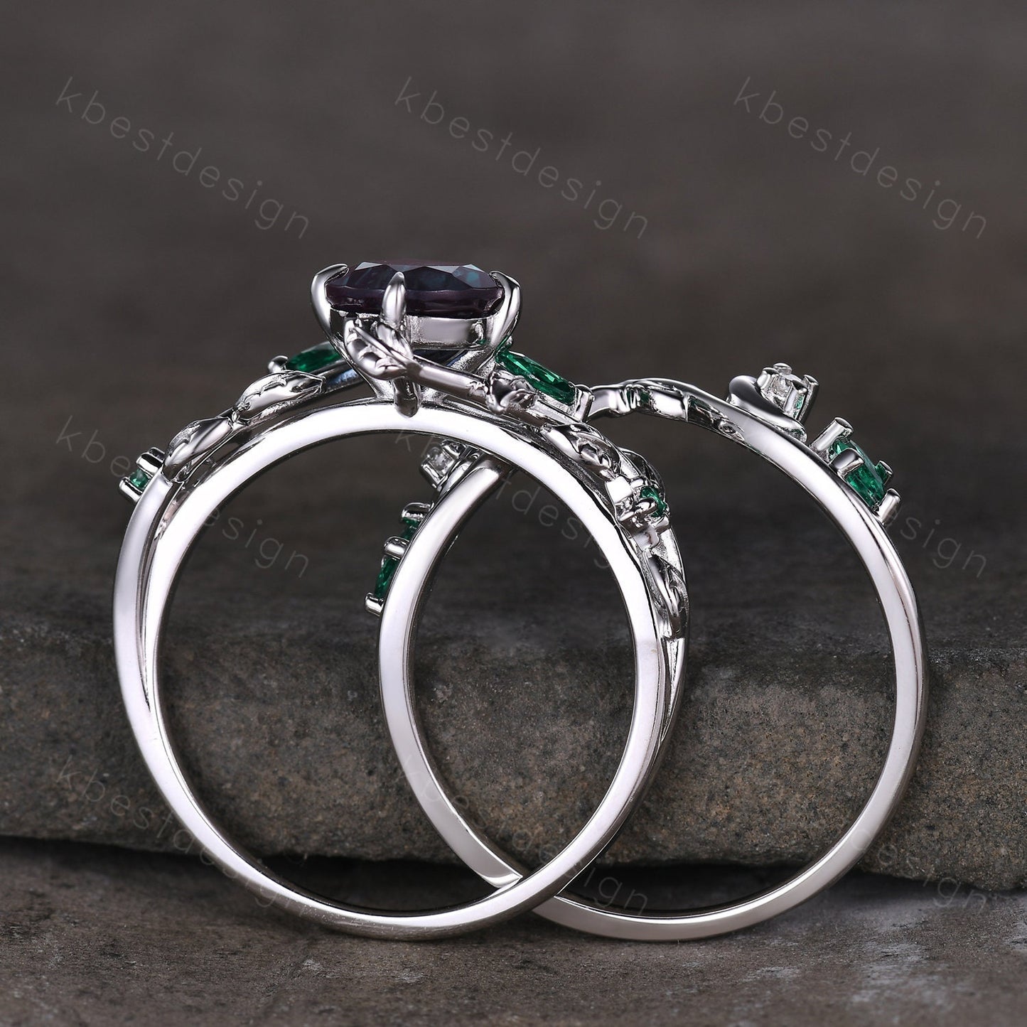 Vintage round cut alexandrite engagement ring silver art deco cluster leaf emerald wedding ring set nature inspired bridal promise ring