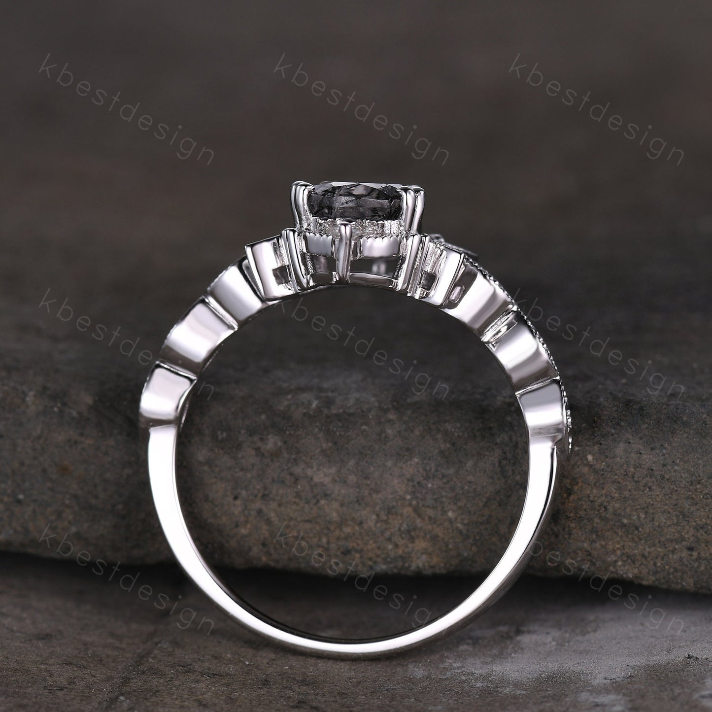 Vintage black rutilated quartz engagement ring 14k white gold ring unique moon style ring for women art deco moissanite bridal promise ring