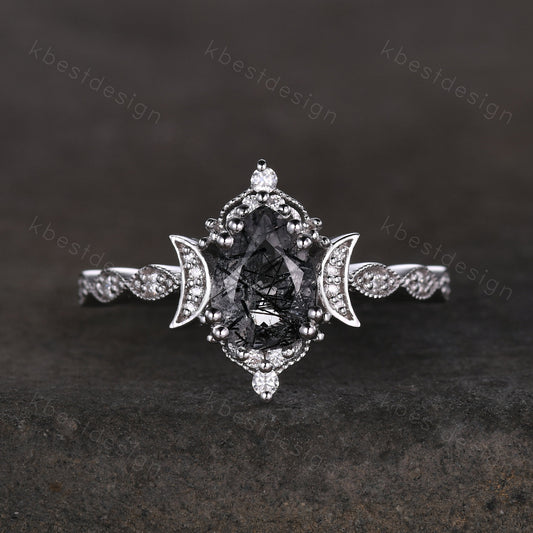 Vintage black rutilated quartz engagement ring 14k white gold ring unique moon style ring for women art deco moissanite bridal promise ring
