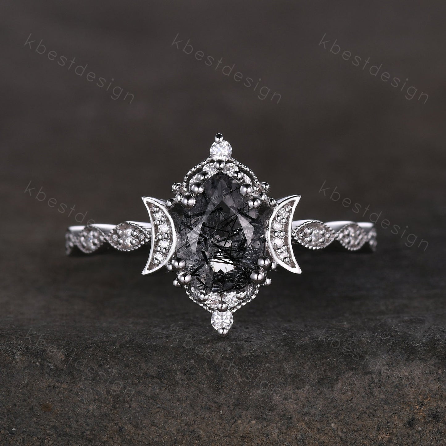 Vintage black rutilated quartz engagement ring 14k white gold ring unique moon style ring for women art deco moissanite bridal promise ring