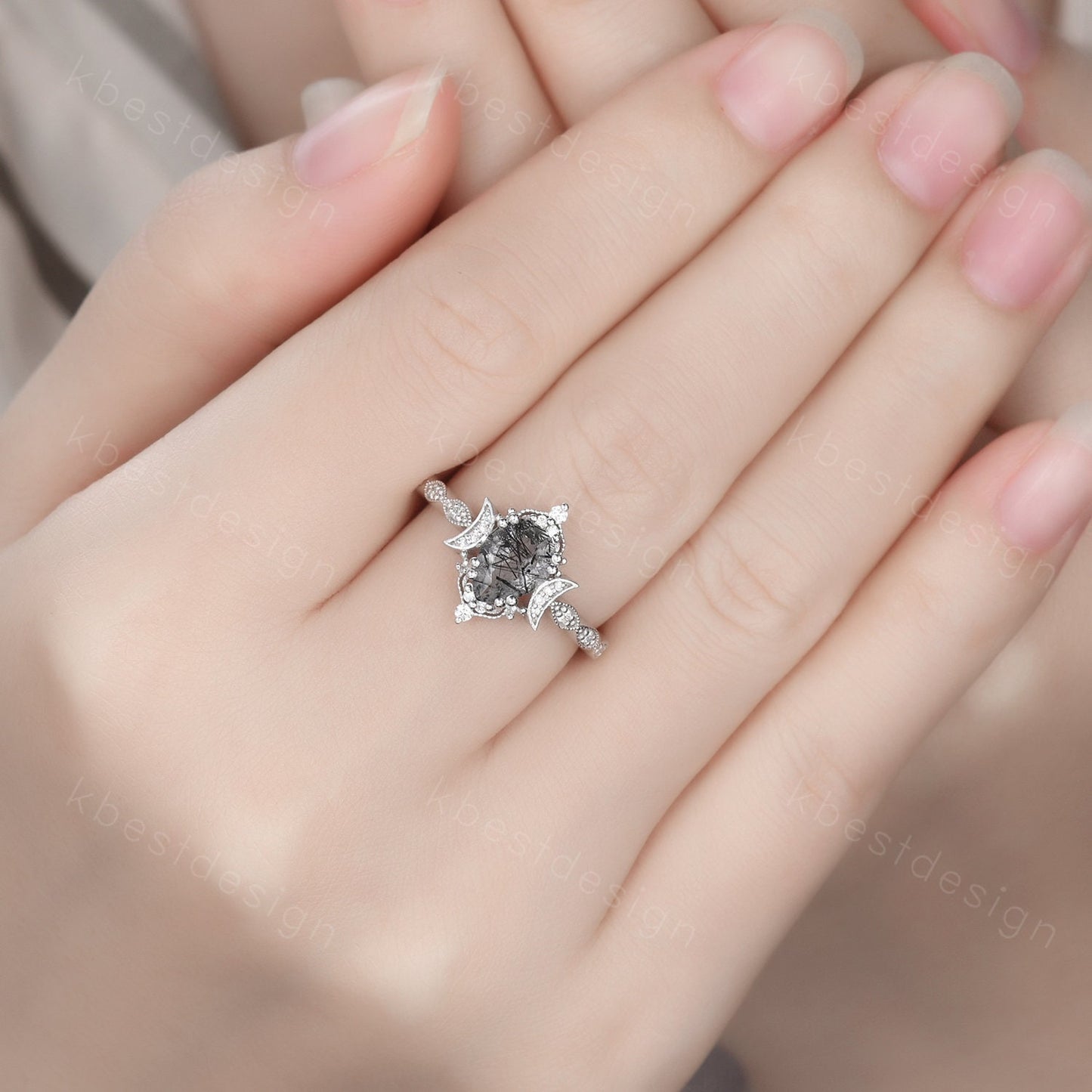 Vintage black rutilated quartz engagement ring 14k white gold ring unique moon style ring for women art deco moissanite bridal promise ring