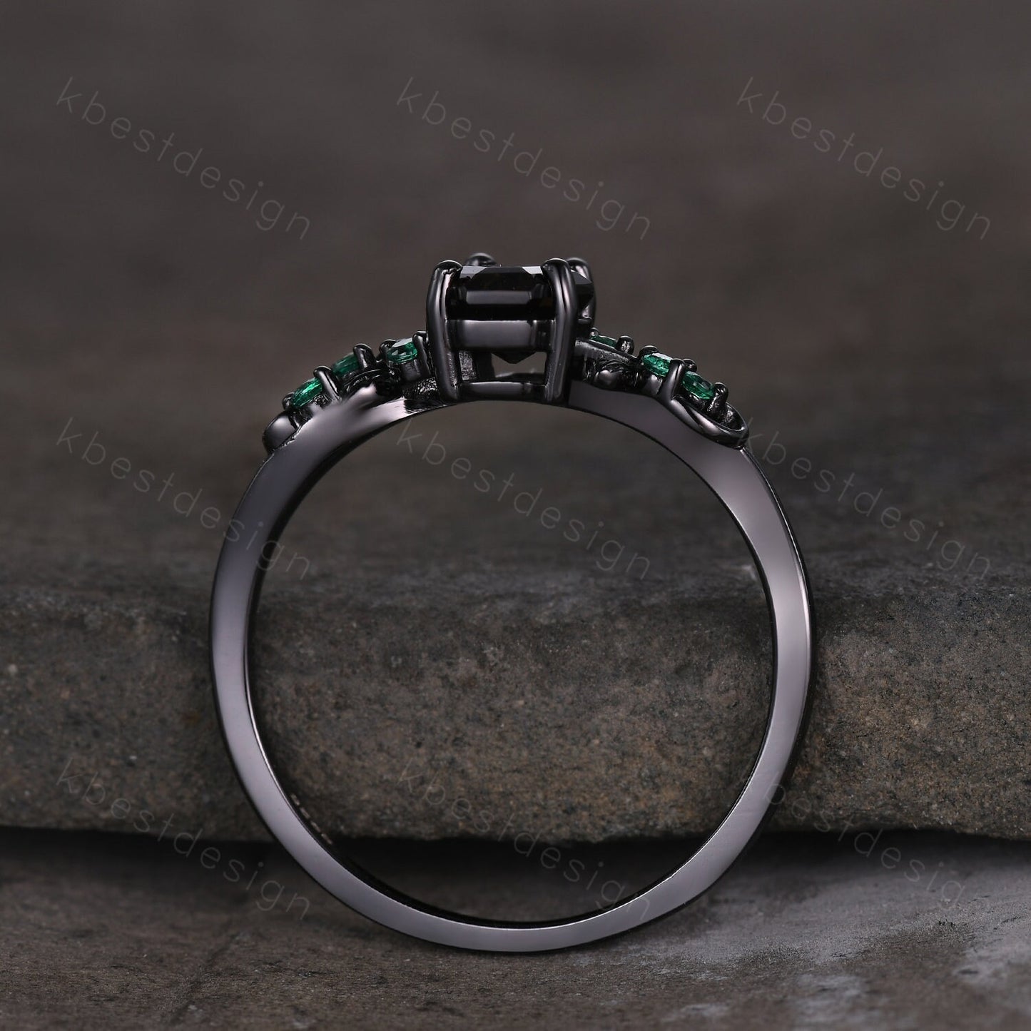 Coffin cut smoky quartz engagement ring Black gold ring Art deco leaf design emerald wedding ring nature inspired ring bridal promise ring