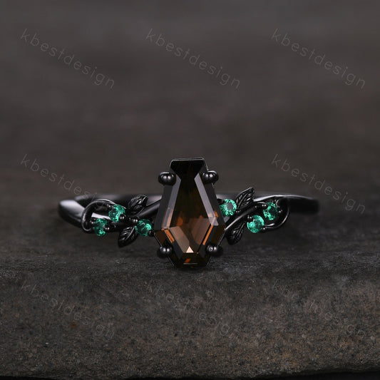 Coffin cut smoky quartz engagement ring Black gold ring Art deco leaf design emerald wedding ring nature inspired ring bridal promise ring