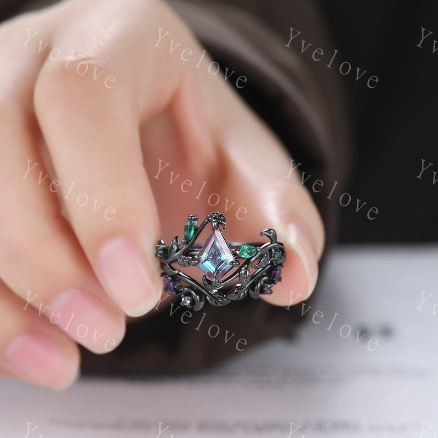 Vintage Kite Alexandrite Engagement Ring Set,Black Gold,Leaf Emerald Amethyst Ring,Women Bridal Set,Unique Nature Inspired Promise Ring Gift