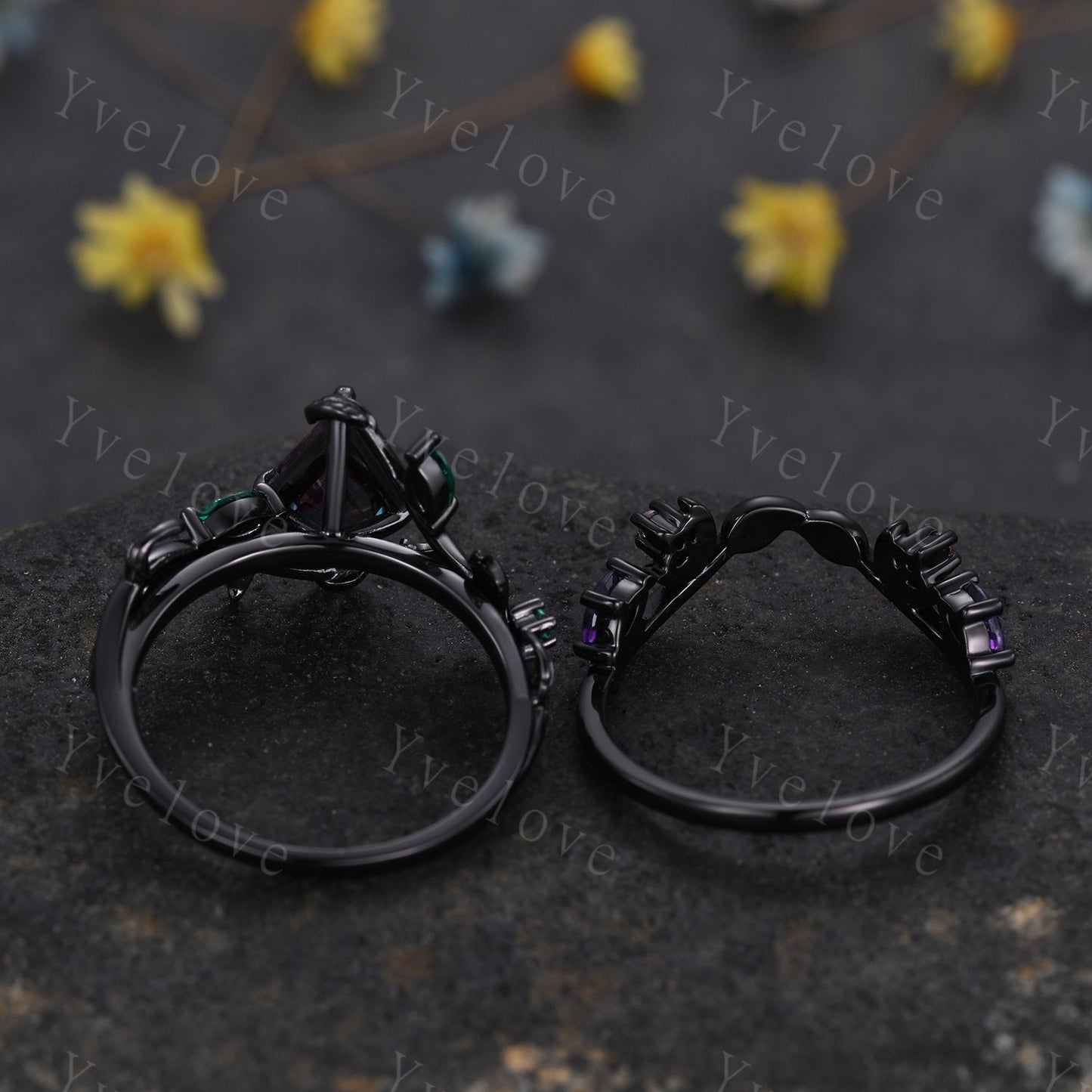 Vintage Kite Alexandrite Engagement Ring Set,Black Gold,Leaf Emerald Amethyst Ring,Women Bridal Set,Unique Nature Inspired Promise Ring Gift