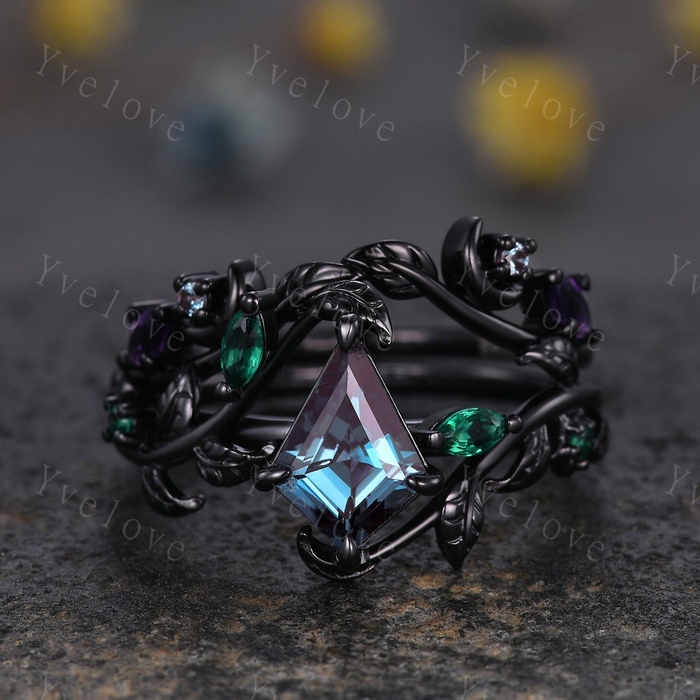 Vintage Kite Alexandrite Engagement Ring Set,Black Gold,Leaf Emerald Amethyst Ring,Women Bridal Set,Unique Nature Inspired Promise Ring Gift