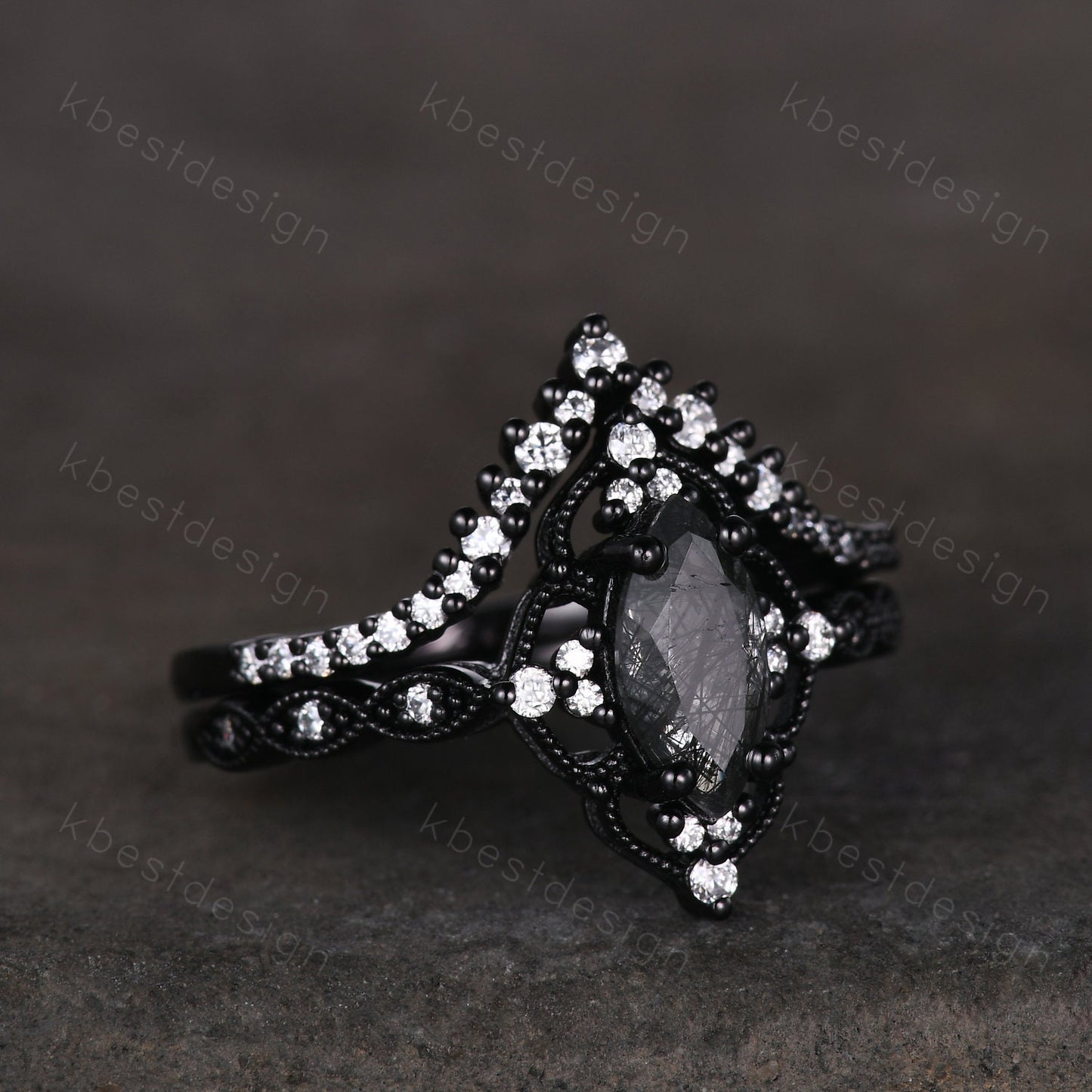 Vintage black rutilated quartz engagement ring set black gold art deco moissanite wedding band marquise cut unique bridal promise ring