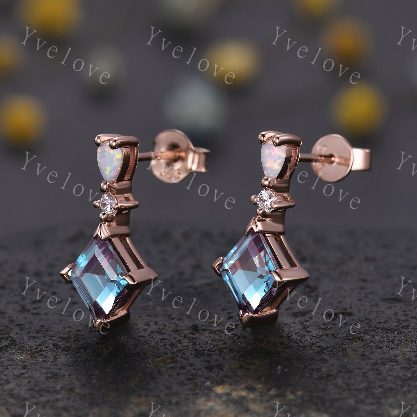 Unique Alexandrite Opal Earrings,Rhombus Cut Gems,Art Deco Diamond Delicate Dainty Drop Earrings,3 Stone Personalized Women Gift for Her