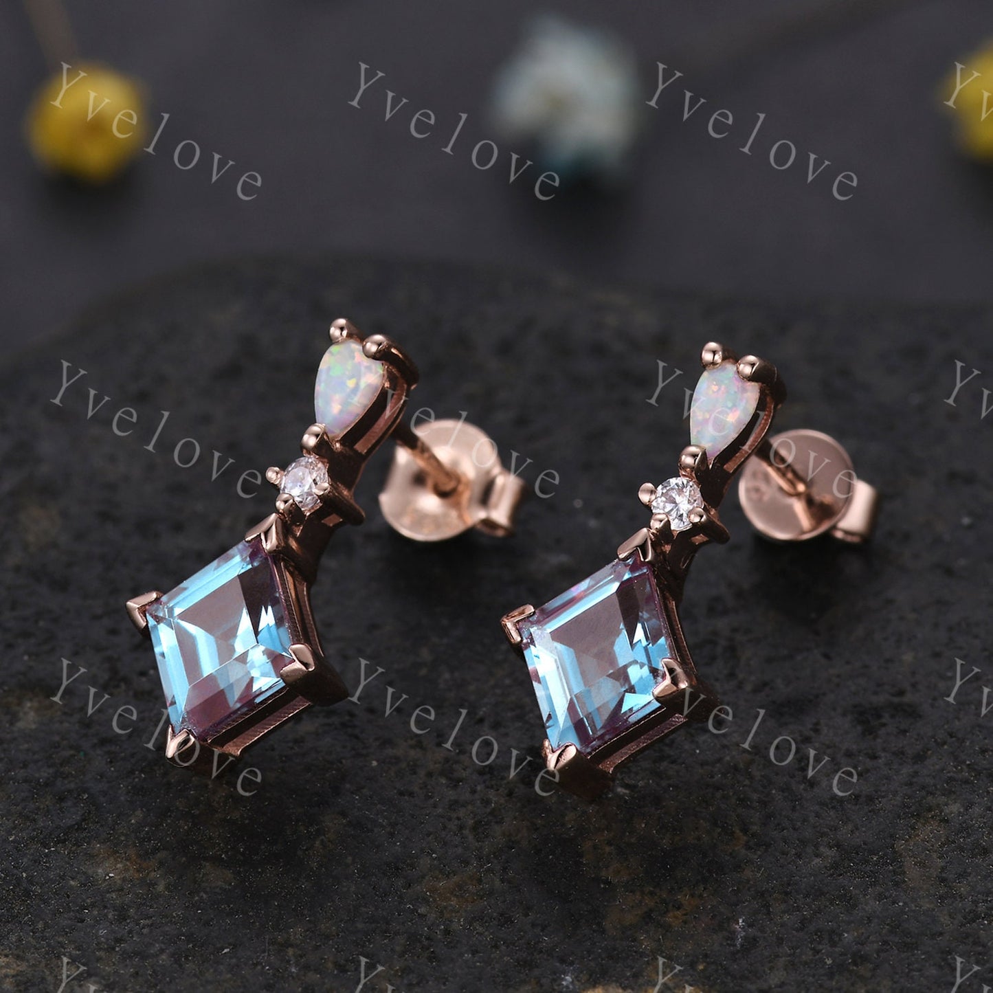 Unique Alexandrite Opal Earrings,Rhombus Cut Gems,Art Deco Diamond Delicate Dainty Drop Earrings,3 Stone Personalized Women Gift for Her