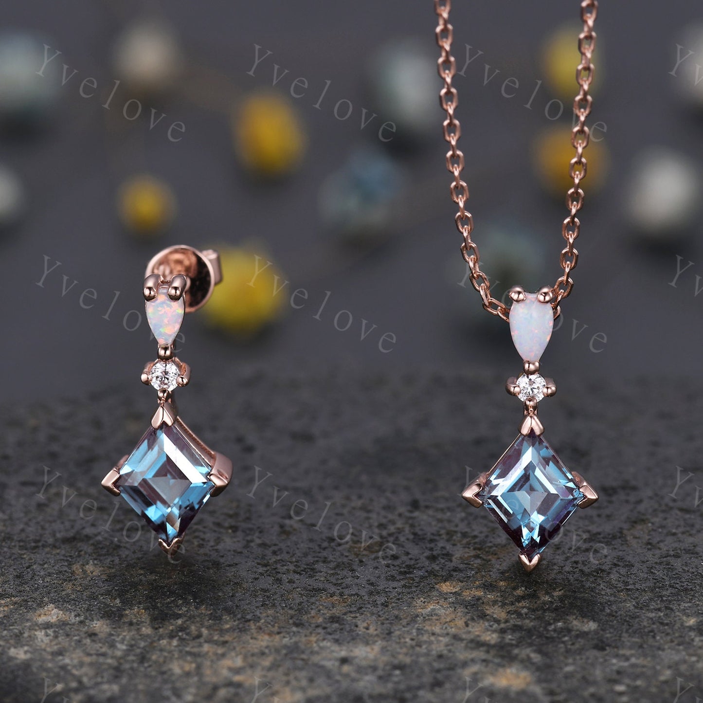 Unique Alexandrite Opal Earrings,Rhombus Cut Gems,Art Deco Diamond Delicate Dainty Drop Earrings,3 Stone Personalized Women Gift for Her