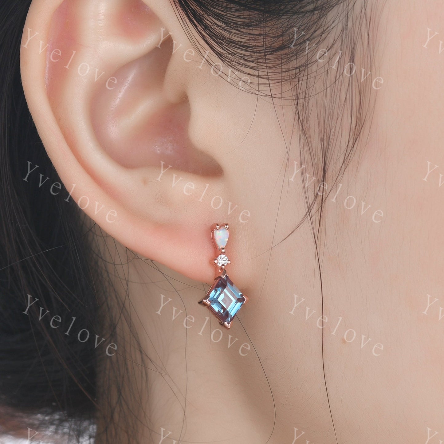 Unique Alexandrite Opal Earrings,Rhombus Cut Gems,Art Deco Diamond Delicate Dainty Drop Earrings,3 Stone Personalized Women Gift for Her