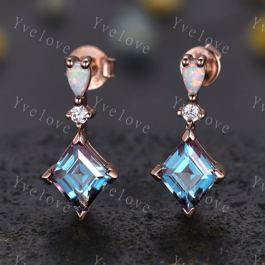Unique Alexandrite Opal Earrings,Rhombus Cut Gems,Art Deco Diamond Delicate Dainty Drop Earrings,3 Stone Personalized Women Gift for Her
