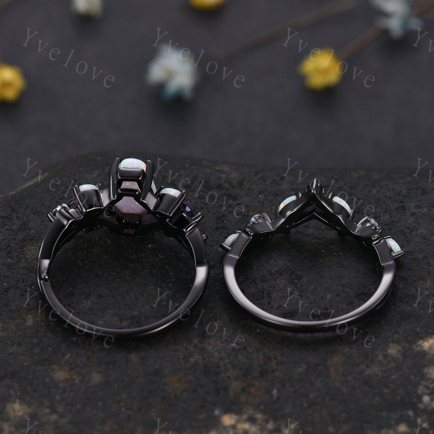 Vintage Coffin White Opal Engagement Ring Set,Black Gold,Vines Amethyst Opal Ring,Women Bridal Set,Unique Twig Anniversary Promise Ring Gift