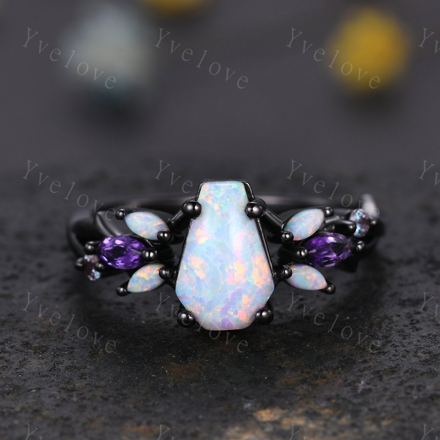 Vintage Coffin White Opal Engagement Ring,Black Gold,Vines Amethyst Opal Ring,Women Bridal Ring,Unique Twig Anniversary Promise Ring Gift