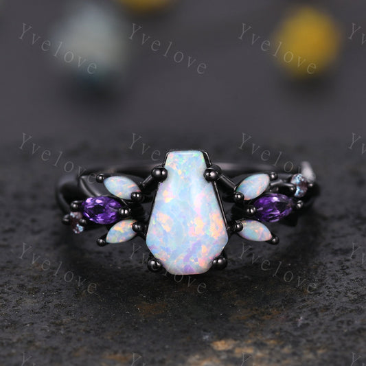 Vintage Coffin White Opal Engagement Ring,Black Gold,Vines Amethyst Opal Ring,Women Bridal Ring,Unique Twig Anniversary Promise Ring Gift