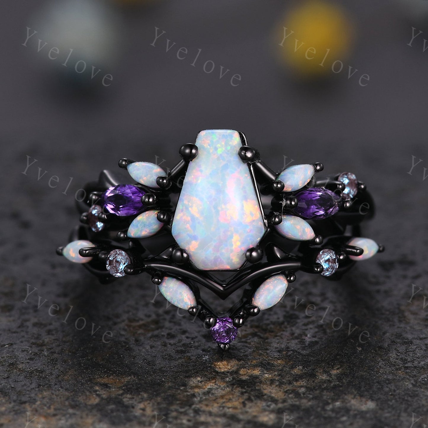 Vintage Coffin White Opal Engagement Ring,Black Gold,Vines Amethyst Opal Ring,Women Bridal Ring,Unique Twig Anniversary Promise Ring Gift