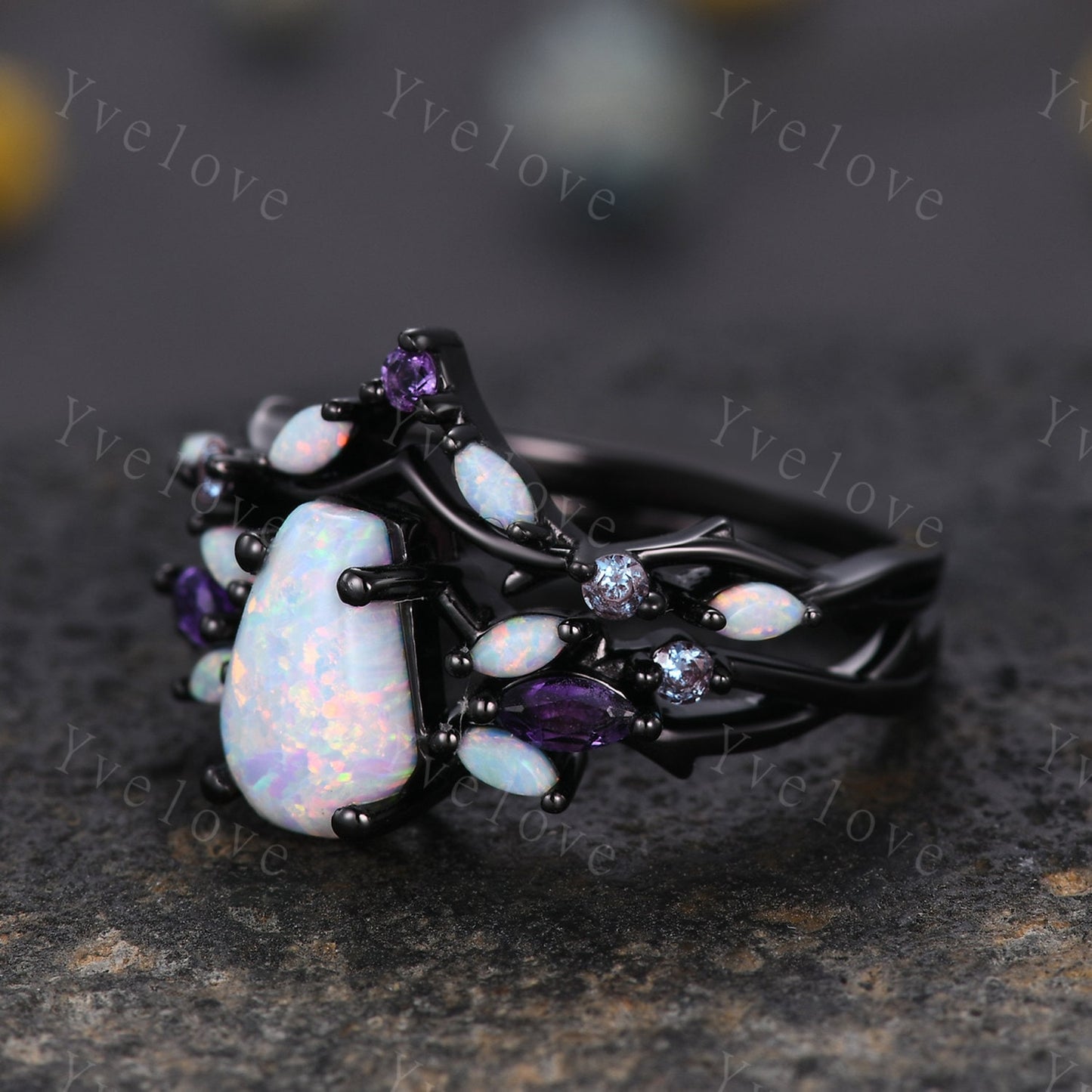 Vintage Coffin White Opal Engagement Ring,Black Gold,Vines Amethyst Opal Ring,Women Bridal Ring,Unique Twig Anniversary Promise Ring Gift