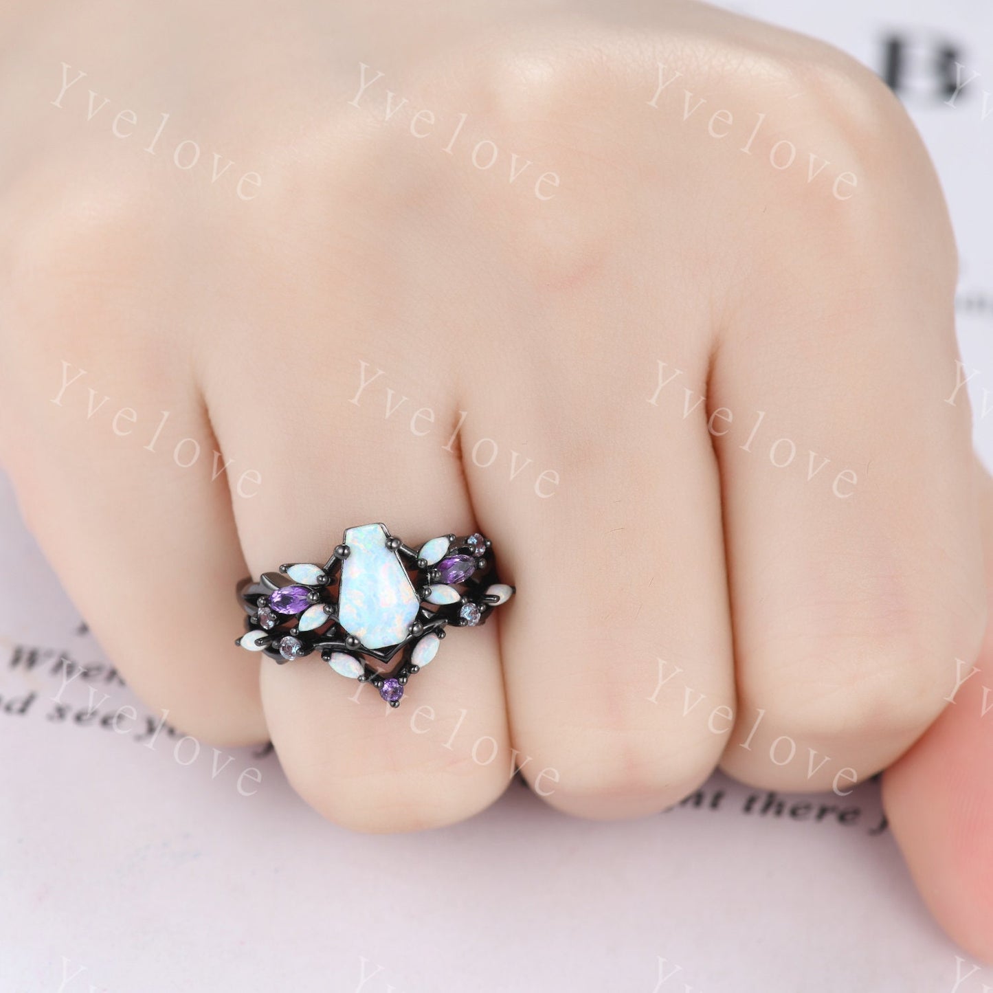 Vintage Coffin White Opal Engagement Ring,Black Gold,Vines Amethyst Opal Ring,Women Bridal Ring,Unique Twig Anniversary Promise Ring Gift