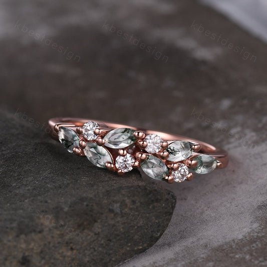 Moss agate cluster wedding band Unique marquise cut moss agate wedding band Vintage Moissanite ring Rose gold ring Anniversary gift for her
