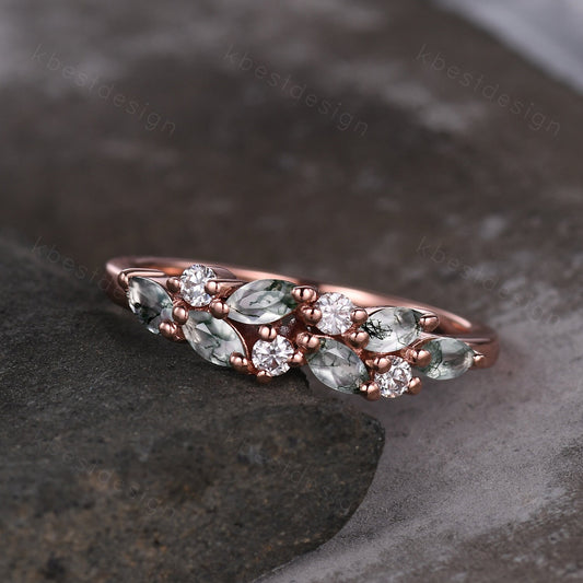 Moss agate cluster wedding band Unique marquise cut moss agate wedding band Vintage Moissanite ring Rose gold ring Anniversary gift for her