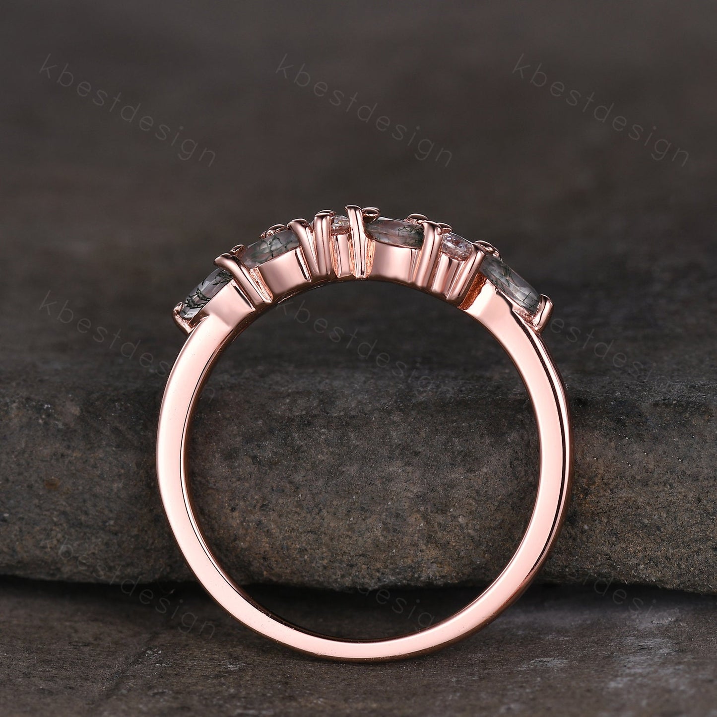Moss agate cluster wedding band Unique marquise cut moss agate wedding band Vintage Moissanite ring Rose gold ring Anniversary gift for her