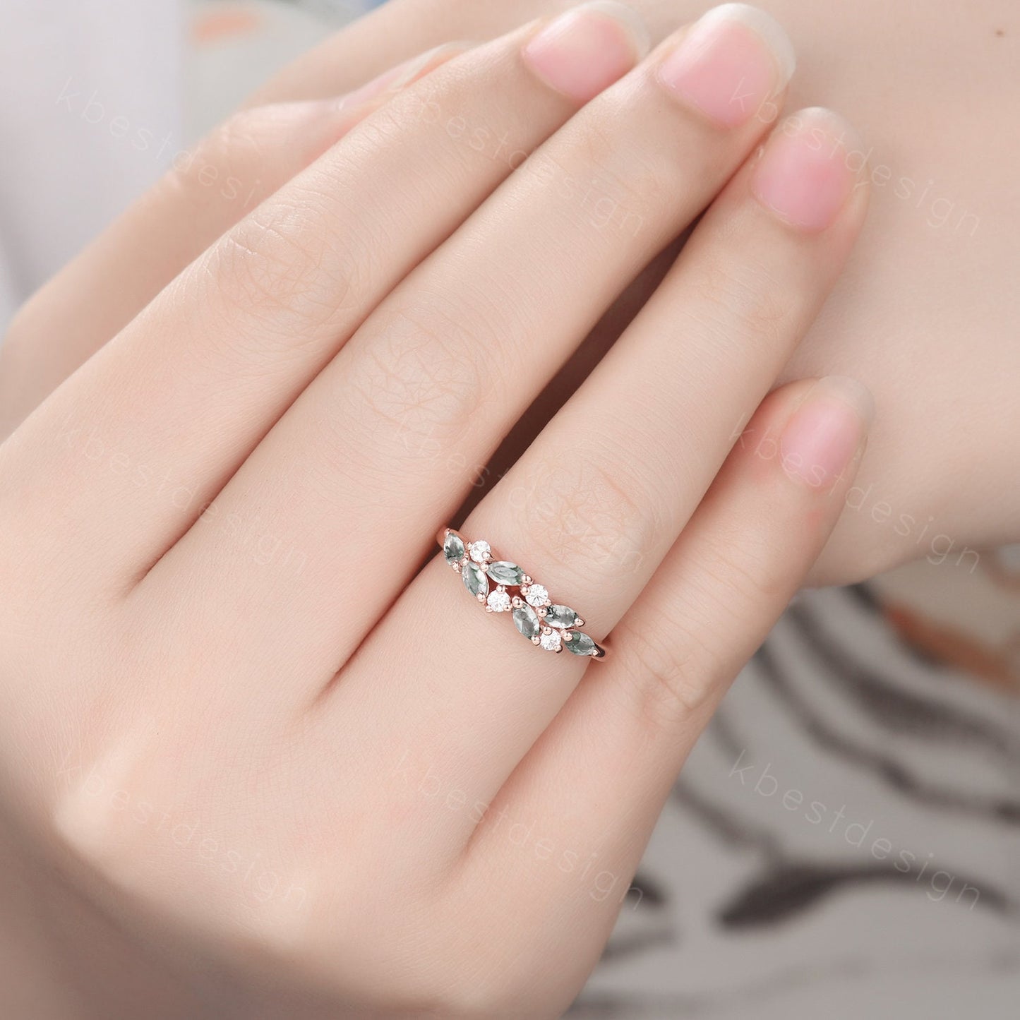 Moss agate cluster wedding band Unique marquise cut moss agate wedding band Vintage Moissanite ring Rose gold ring Anniversary gift for her