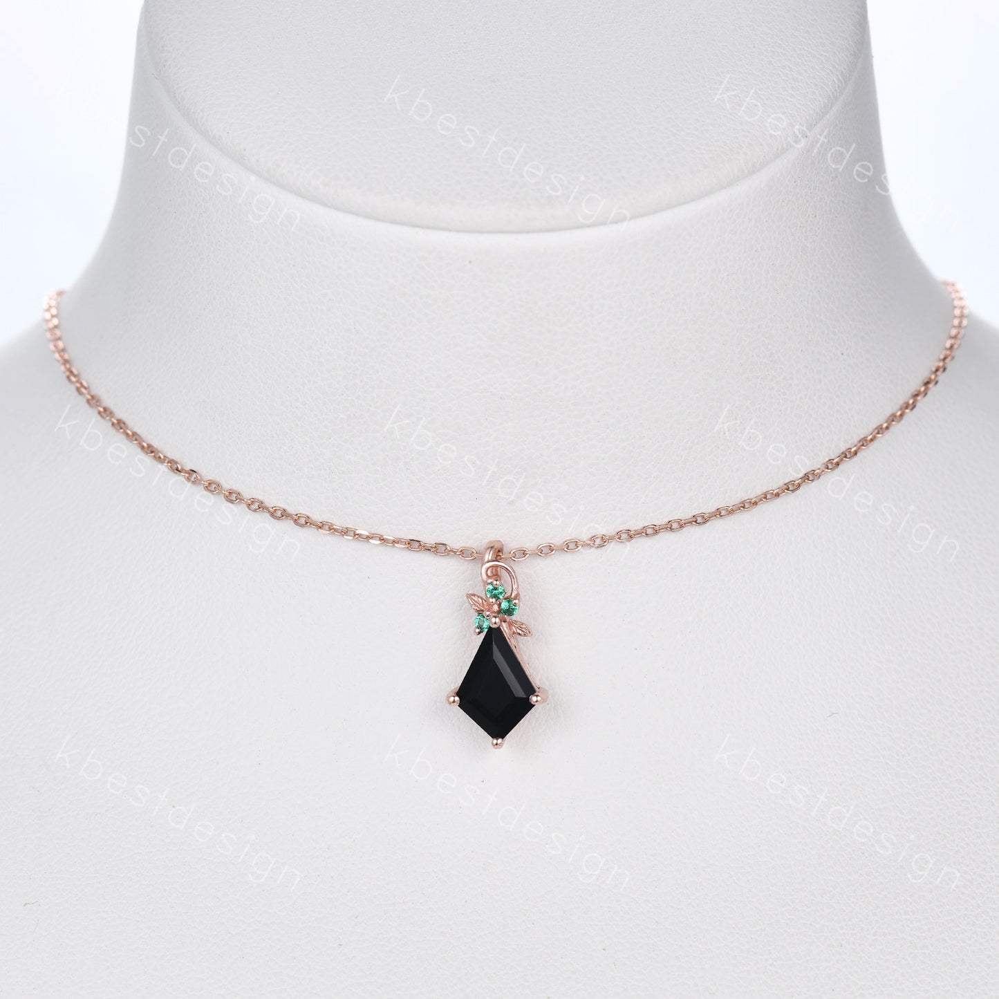 Kite cut natural black onyx necklace vintage women rose gold necklace unique leaf emerald pendant antique art deco bridal promise gift