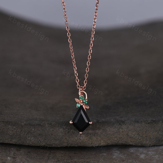 Kite cut natural black onyx necklace vintage women rose gold necklace unique leaf emerald pendant antique art deco bridal promise gift