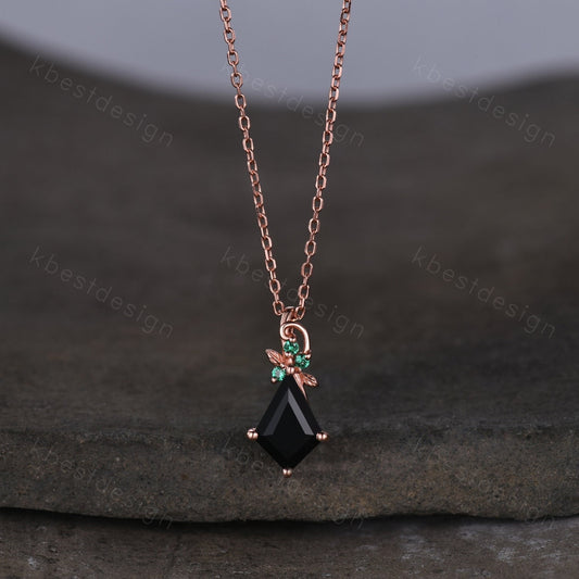 Kite cut natural black onyx necklace vintage women rose gold necklace unique leaf emerald pendant antique art deco bridal promise gift