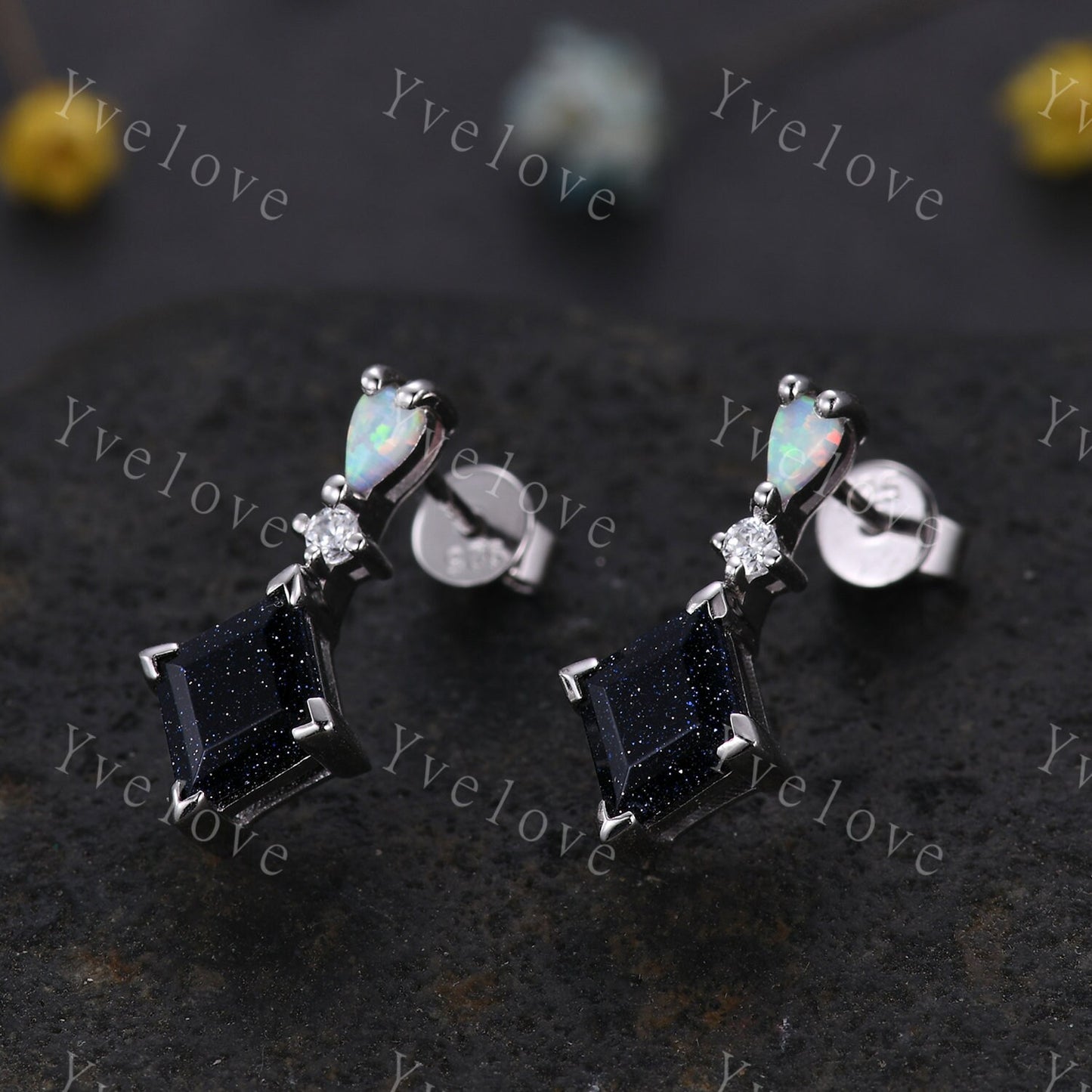 Unique Blue Sandstone Opal Earrings,Lozenge Cut Gems,Art Deco Diamond Delicate Dainty Drop Earrings,3 Stone Personalized Women Gift for Her