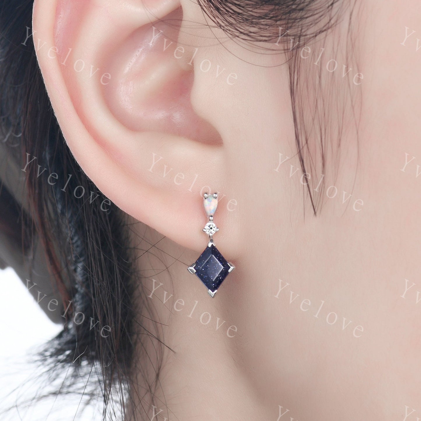 Unique Blue Sandstone Opal Earrings,Lozenge Cut Gems,Art Deco Diamond Delicate Dainty Drop Earrings,3 Stone Personalized Women Gift for Her
