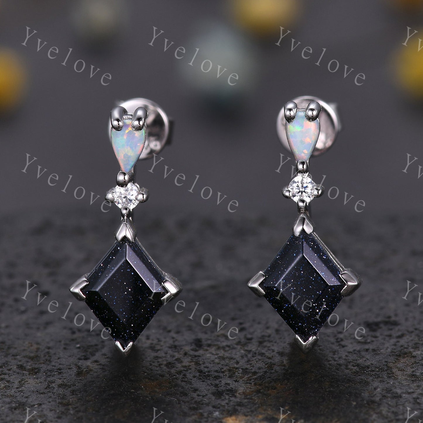 Unique Blue Sandstone Opal Earrings,Lozenge Cut Gems,Art Deco Diamond Delicate Dainty Drop Earrings,3 Stone Personalized Women Gift for Her