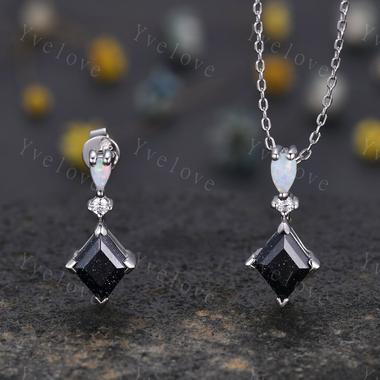 Unique Blue Sandstone Opal Earrings,Lozenge Cut Gems,Art Deco Diamond Delicate Dainty Drop Earrings,3 Stone Personalized Women Gift for Her