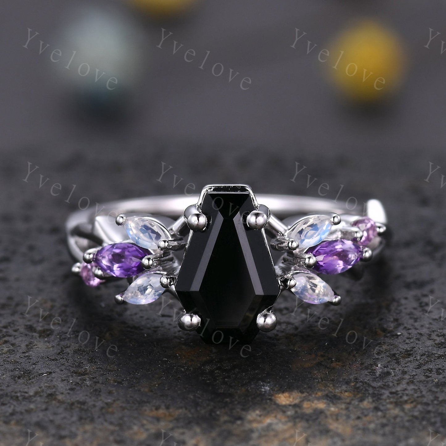 Vintage Coffin Black Onyx Engagement Ring Set,White Gold,Vines Amethyst Moonstone Ring,Women Bridal Set,Retro Anniversary Promise Ring Gift